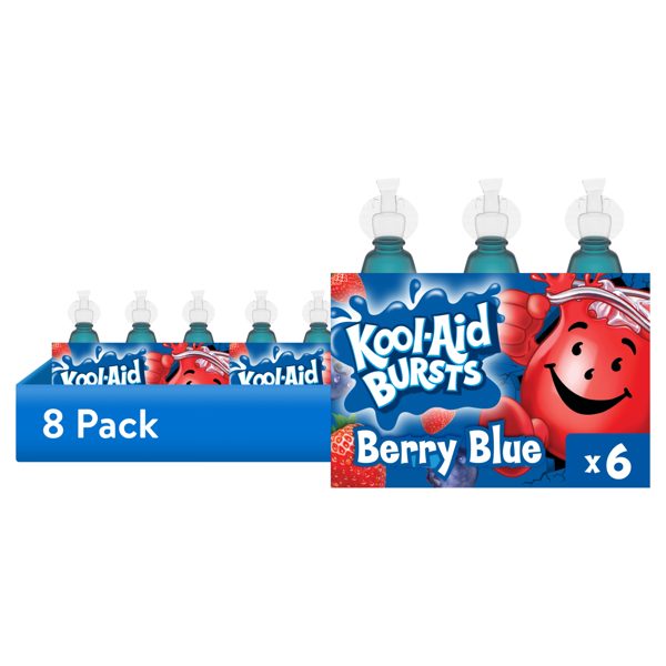 (8 pack) Kool-Aid Bursts Soft Drink, 6 Bottles, for School Lunches and On-the-Go Hydration, artificial flavor Berry Blue, Caffeine Free, 6.75 oz