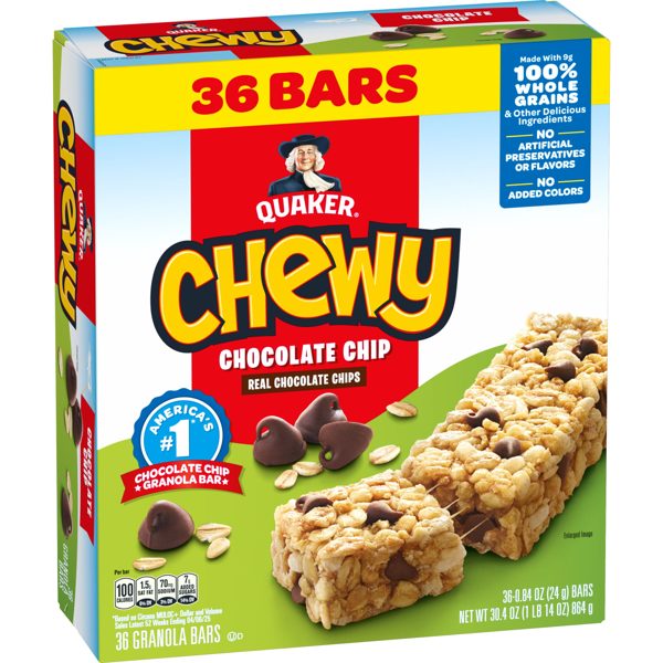 Quaker Chewy Granola Bars, Chocolate Chip Flavor, 0.84 oz, 36 Count