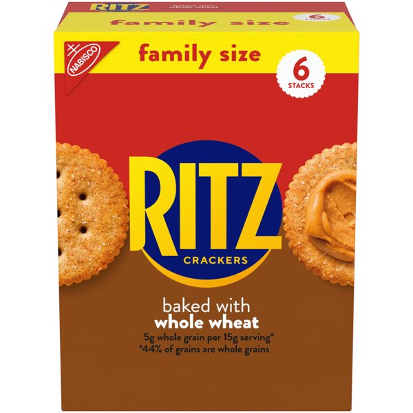 RITZ Whole Wheat Crackers, Snacks for Kids and Adults, Lunch Snacks, Family Size, 19.3 oz