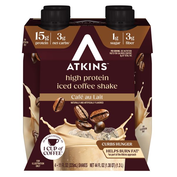 Atkins Café au Lait Iced Coffee Flavored High Protein Shake, Low Sugar and Low Carb, Keto Friendly, Ready to Drink Protein Shake, 4 Count