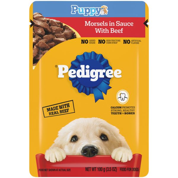 Pedigree Puppy Food Morsels in Sauce, Wet Dog Food Pouches, Beef Flavor, 3.5 oz. Pouches