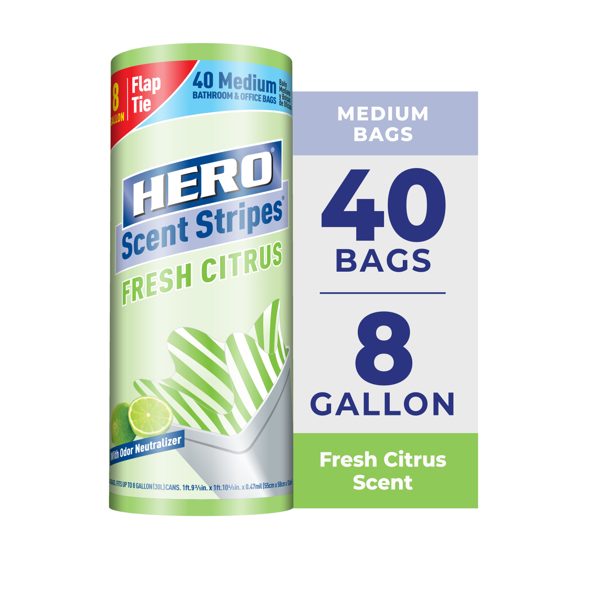 Hero Scent Stripes 8-Gallon, Citrus Scented, Medium Flap Tie Trash Bags, 40 Count