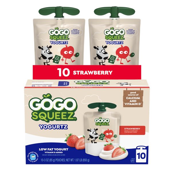 GoGo squeeZ Low Fat Yogurtz Strawberry Yogurt Snack Pouches, 3 oz (10 Pack)