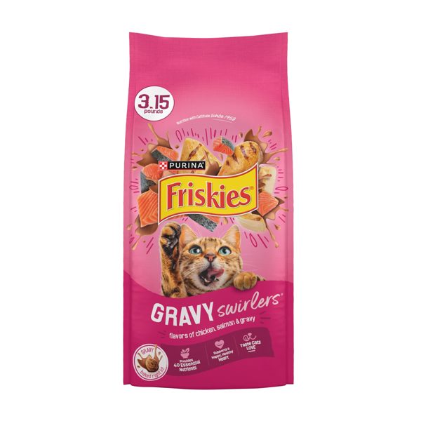 Purina Friskies Gravy Swirlers Dry Cat Food Flavors of Chicken, Salmon and Gravy, 3.15 lb Bag, 4 Pack