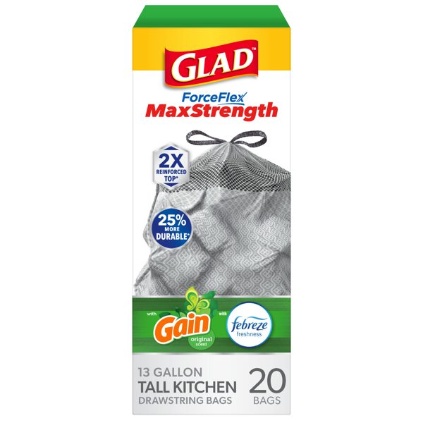 Glad ForceFlex MaxStrength 13-Gallon Drawstring Tall Trash Bags, Gain Original Scent, 20 Bags