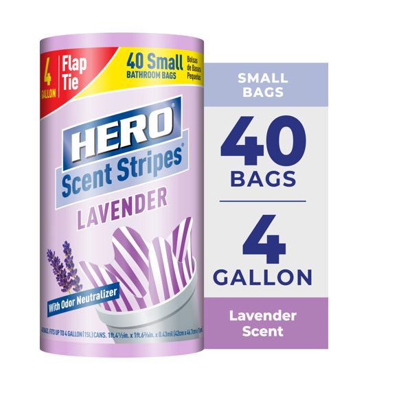 Hero Scent Stripes 4-Gallon, Lavender Scented, Small Flap Tie Trash Bags, 40 Count