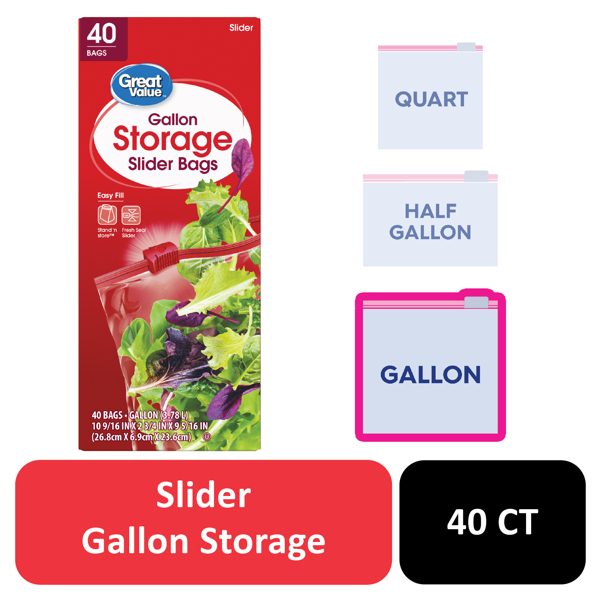 Great Value Fresh Seal Slider Zipper Storage Bags, Gallon, 40 Count