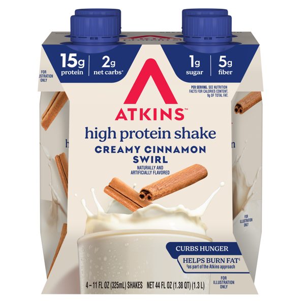 Atkins Protein Shake, Low Glycemic, High Protein, Creamy Cinnamon Swirl, 4 Count