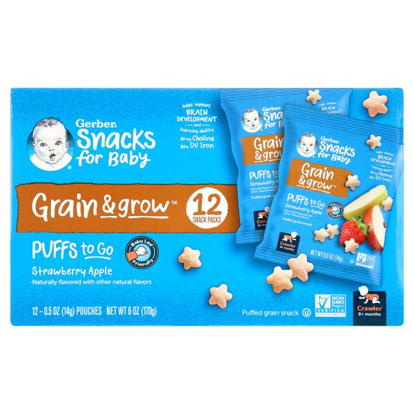 GERBER SNACKS FOR BABY GRAIN AND GROW Puffs To Go Strawberry Apple 6oz 12pieces Individually Serve Packets