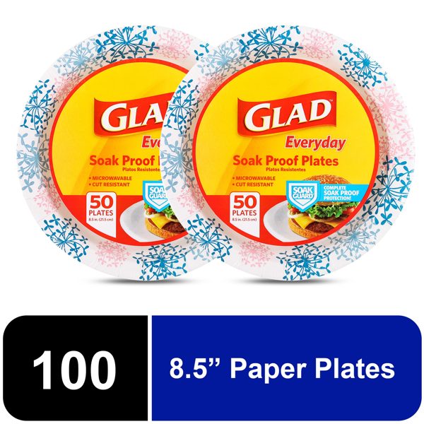 Glad Everyday 8.5" Round Paper Plates Pink Hydrangea, 2 pack (100 plates total)