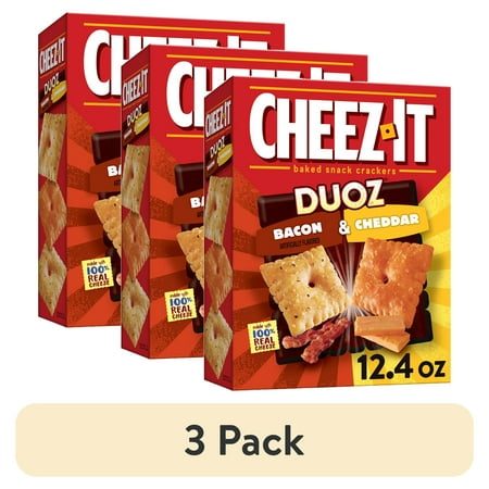 (3 pack) Cheez-It DUOZ Bacon and Cheddar Baked Snack Crackers, Lunch Snacks, 12.4 oz