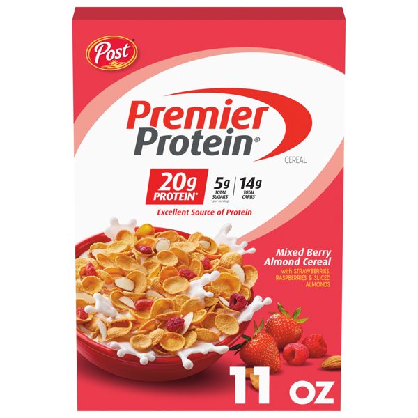 Post Premier Protein Mixed Berry Almond Cereal, Mixed Berry Protein Cereal, Crunchy 11 oz Box