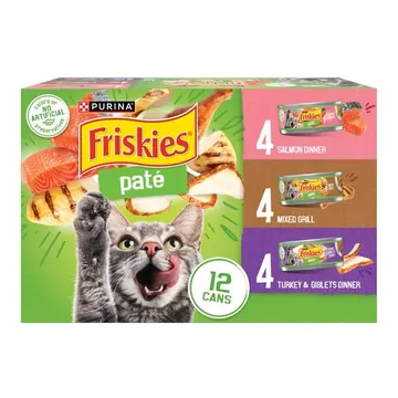 Purina Friskies Salmon Dinner, Turkey & Giblets Dinner, & Mixed Grill Pate Wet Cat Food Variety Pack, 5.5 oz Cans, 12 Pack