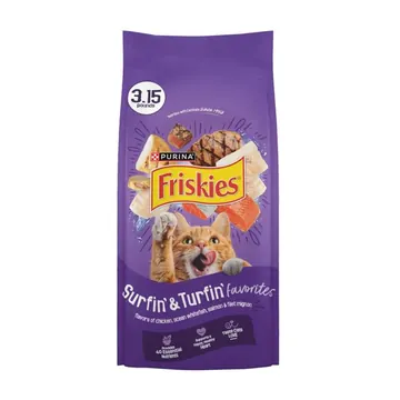 Purina Friskies Surfin and Turfin Favorites Dry Cat Food Flavors of Chicken, Whitefish, Salmon and Filet Mignon, 3.15 lb Bag