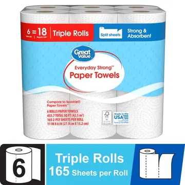 Great Value Everyday Strong Paper Towels, 6 Triple Rolls, Split Sheets