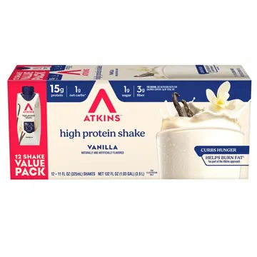 Atkins Creamy Vanilla Protein Shake, High Protein, Low Carb, Low Sugar, Keto Friendly, 12 Count (Value Pack)