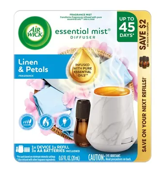 Air Wick Essential Mist Scented Oil Cordless Diffuser Starter Kit, Linen and Petals, 2 Piece