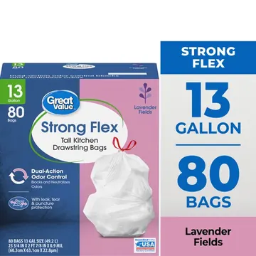 Great Value Strong Flex Tall Kitchen Drawstring Garbage Bags, Lavender Fields, 13 Gallon, 80 Count