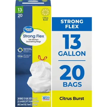 Great Value Strong Flex 13-Gallon Drawstring Tall Kitchen Trash Bags, Citrus Burst, 20 Count