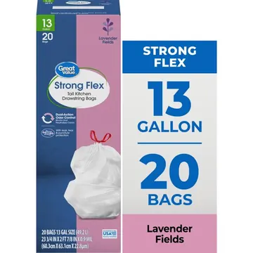 Great Value Strong Flex 13-Gallon Drawstring Tall Kitchen Trash Bags, Lavender Fields Scent, 20 Bags