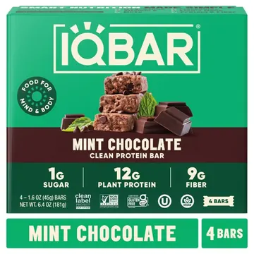 IQBAR Mint Chocolate Protein Bars - Vegan Energy Bars - High Fiber Vegan Snacks - 4 Count Box