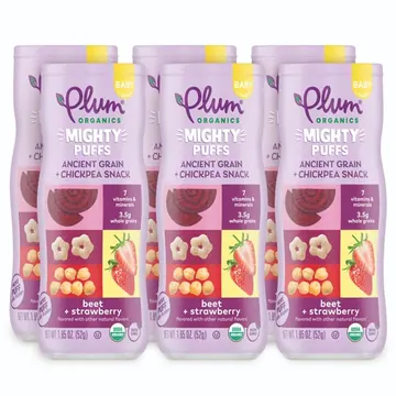 Plum Organics Mighty Puffs, Ancient Grain + Chickpea Snack, Baby, Beet + Strawberry, 1.85 oz Canister, 6 Pack