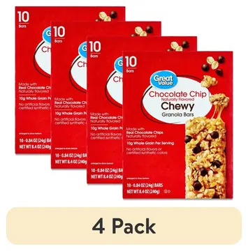(4 pack) Great Value Chocolate Chip Chewy Granola Bars, 0.84 oz, 10 Count