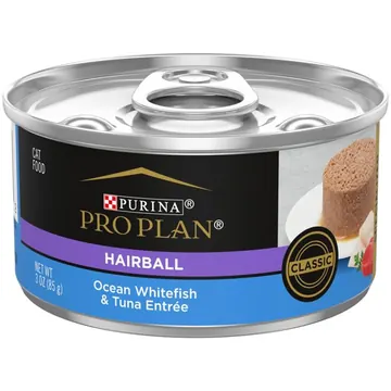 Purina Pro Plan Hairball Control Cat Food Wet Pate, Hairball Ocean Whitefish and Tuna Entree, 3 oz Can