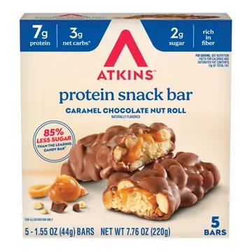 Atkins Snack, Protein Snack Bar, Caramel Chocolate Nut Roll Bars, 7g of Protein, 5 Count