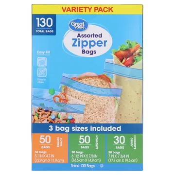 Great Value Assorted Zipper Bags Variety Pack, 130 Count