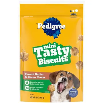 Pedigree Tasty Biscuits Mini Dog Treats, Peanut Butter & Bacon Flavor, 15-oz Bags (4 Pack)