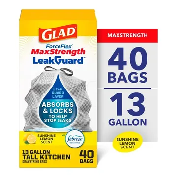 Glad ForceFlex MaxStrength LeakGuard 13-Gallon Tall Kitchen Trash Bags, Sunshine Lemon Scent, 40 Bags