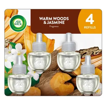 Air Wick Plug-in Scented Oil Warmer Air Freshener Refills, Warm Woods & Jasmine, 4 Count