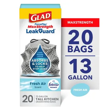 Glad ForceFlex MaxStrength LeakGuard 13-Gallon Tall Kitchen Trash Bags, Febreze Fresh Air Scent, 20 Bags