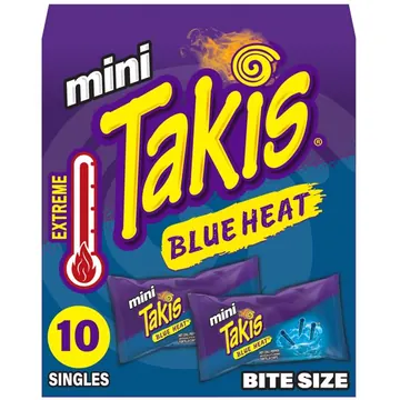 Takis Blue Heat Mini 10 pc / 1 oz Bite Size Box, Hot Chili Pepper Rolled Tortilla Chips