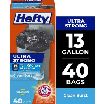 Hefty Ultra Strong 13 Gallon Trash Bags, Tall Kitchen Trash Bags, Blackout, Clean Burst Scent, 40 Bags