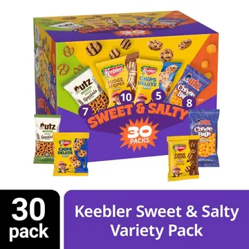 Keebler Sweet & Salty Variety Pack, 30-Count Box, Includes Keebler Chips Deluxe, Fudge Stripes, Utz Mini Pretzels and Cheese Balls, 31 oz