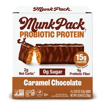 MUNK PACK Probiotic Protein™ Bars - Caramel Chocolate - 15g Protein - Sugar Free - High-Fiber Vegan Snacks - 4 Count Box