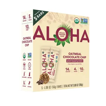 Aloha Plant-Based Protein Bars, 14g Protein, Oatmeal Chocolate Chip, 5 Pack