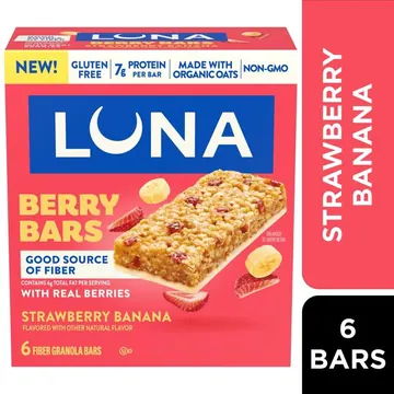 LUNA Berry Bars Strawberry Banana Flavor Fiber Granola Bars, Gluten Free Protein Bars, 6ct
