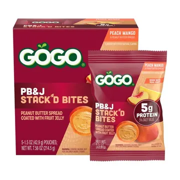 GOGO PB&J STACK'D BITES 5g Protein From Real Peanuts Peach Mango 1.5 oz (5 Pack)
