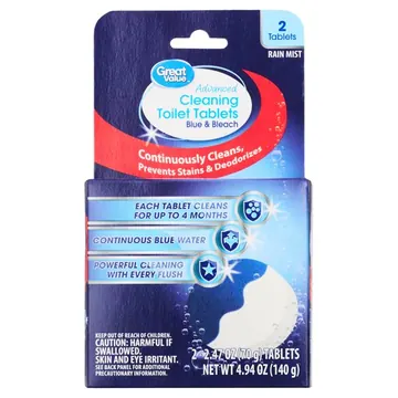 Great Value Advanced Cleaning Toilet Tablets, Blue & Bleach, 2 Count