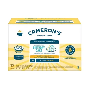 Cameron's Coffee Birthday Cake Flavored Light Roast Compostable Coffee Pods Single Serve K Cups for Keurig, Vanilla & Buttercream, 12 count Ecopods Box