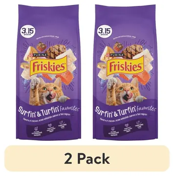 (2 pack) Purina Friskies Surfin and Turfin Favorites Dry Cat Food Flavors of Chicken, Whitefish, Salmon and Filet Mignon, 3.15 lb Bag
