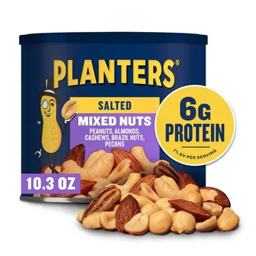 Planters Salted Mixed Nuts with Peanuts, Cashews, Almonds, Brazil Nuts, Pecans. 6g Protein (7% DV), Plant Based Protein Snacks, 10.3 oz Resealable Can