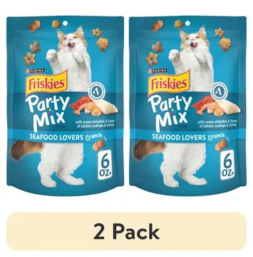 (2 pack) Purina Friskies Party Mix Seafood Lovers Crunch, Cat Treats, Scallop, Lobster, & Shrimp, 6 oz Bag, 6 Pack