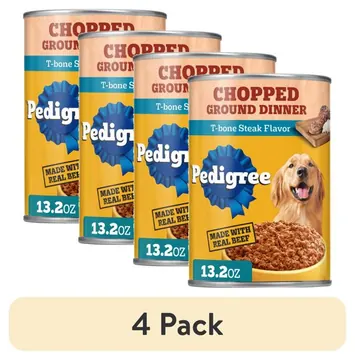 (4 pack) Pedigree Chopped Ground Dinner T-Bone Steak Flavor Adult Wet Dog Food, (12) 13.2 Oz Cans