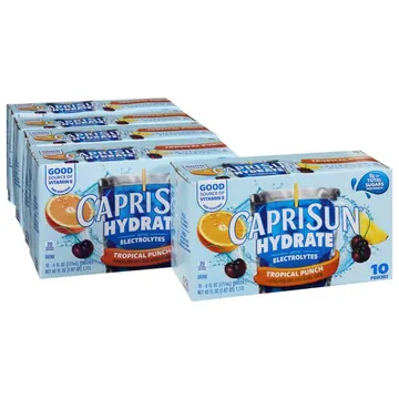 (4 pack) Capri Sun Hydrate with Electrolytes Flavored Drink with Other Natural Flavor, 10 Pouches, for On-the-Go Hydration and School Lunches, Tropical Punch, Good Source of Vitamin E, 6 oz