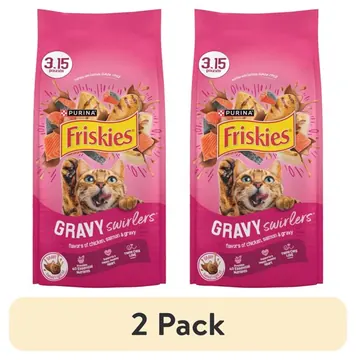 (2 pack) Purina Friskies Gravy Swirlers Dry Cat Food Flavors of Chicken, Salmon and Gravy, 3.15 lb Bag, 4 Pack