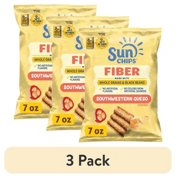 (3 pack) SunChips 100% Whole Grain Black Bean Southwestern Queso Snack Chips Bag, 7 oz​